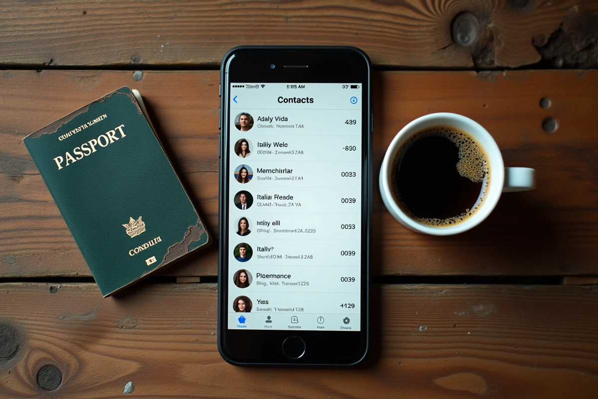 Vue aérienne d'un smartphone affichant des numéros de téléphone italiens avec l'indicatif 0039 posé sur une surface en bois avec un passeport italien et un expresso