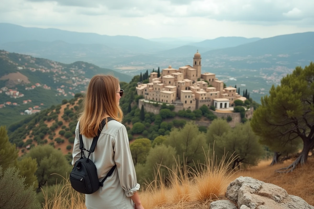 Voyageuse admirant le panorama de Corleone depuis un belvédère rocheux avec vue sur la vallée sicilienne