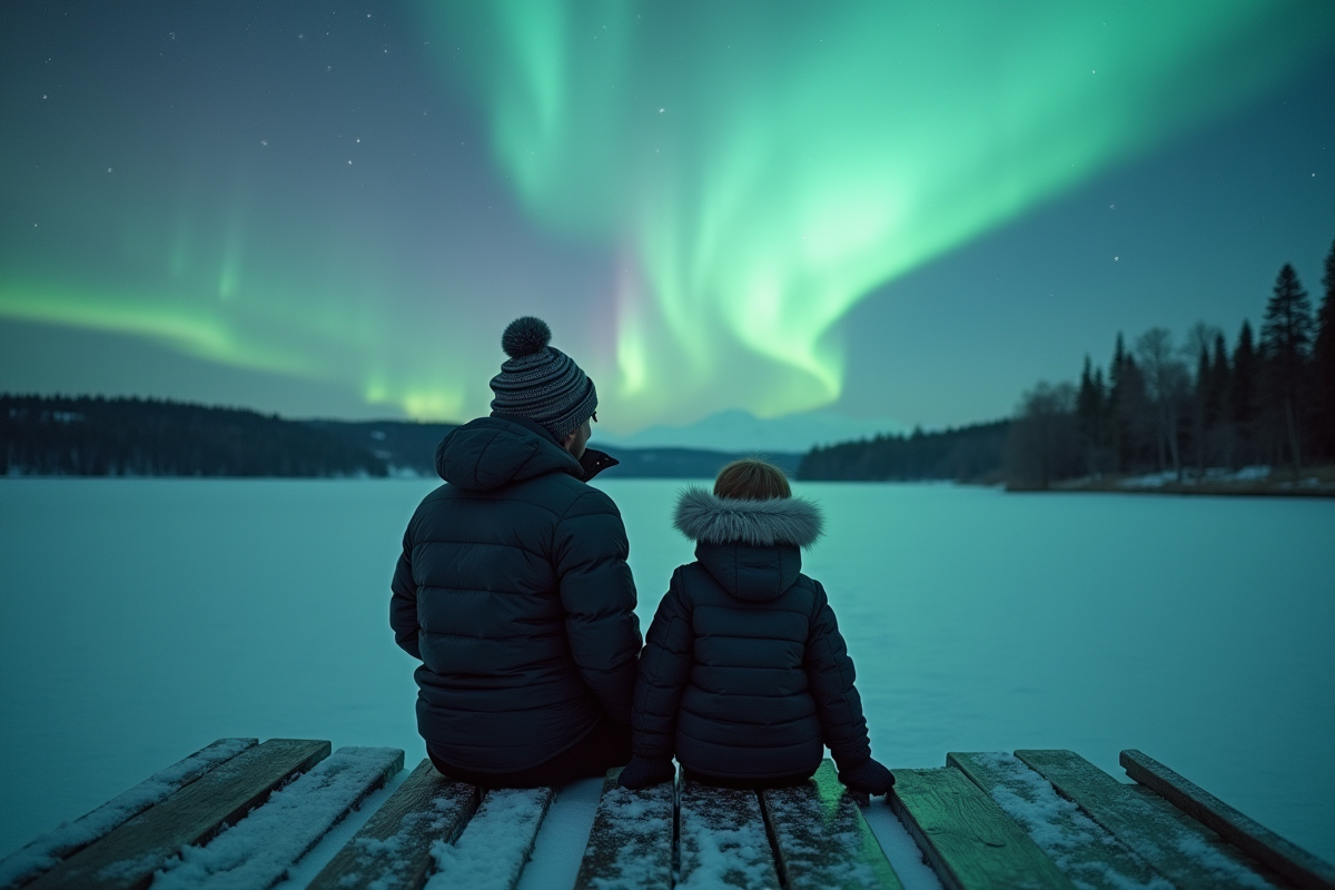 Père et fils admirant les aurores sur un lac gelé