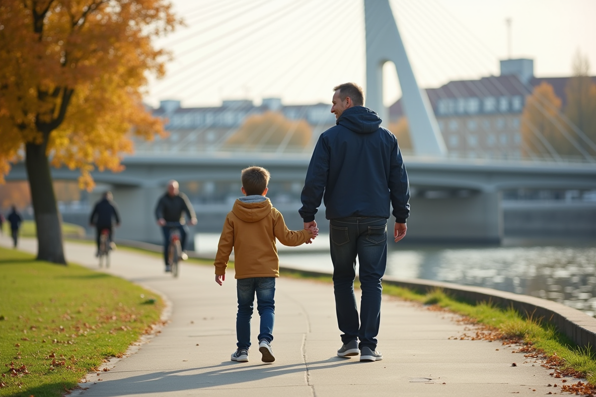 Père et fils se promènent près d