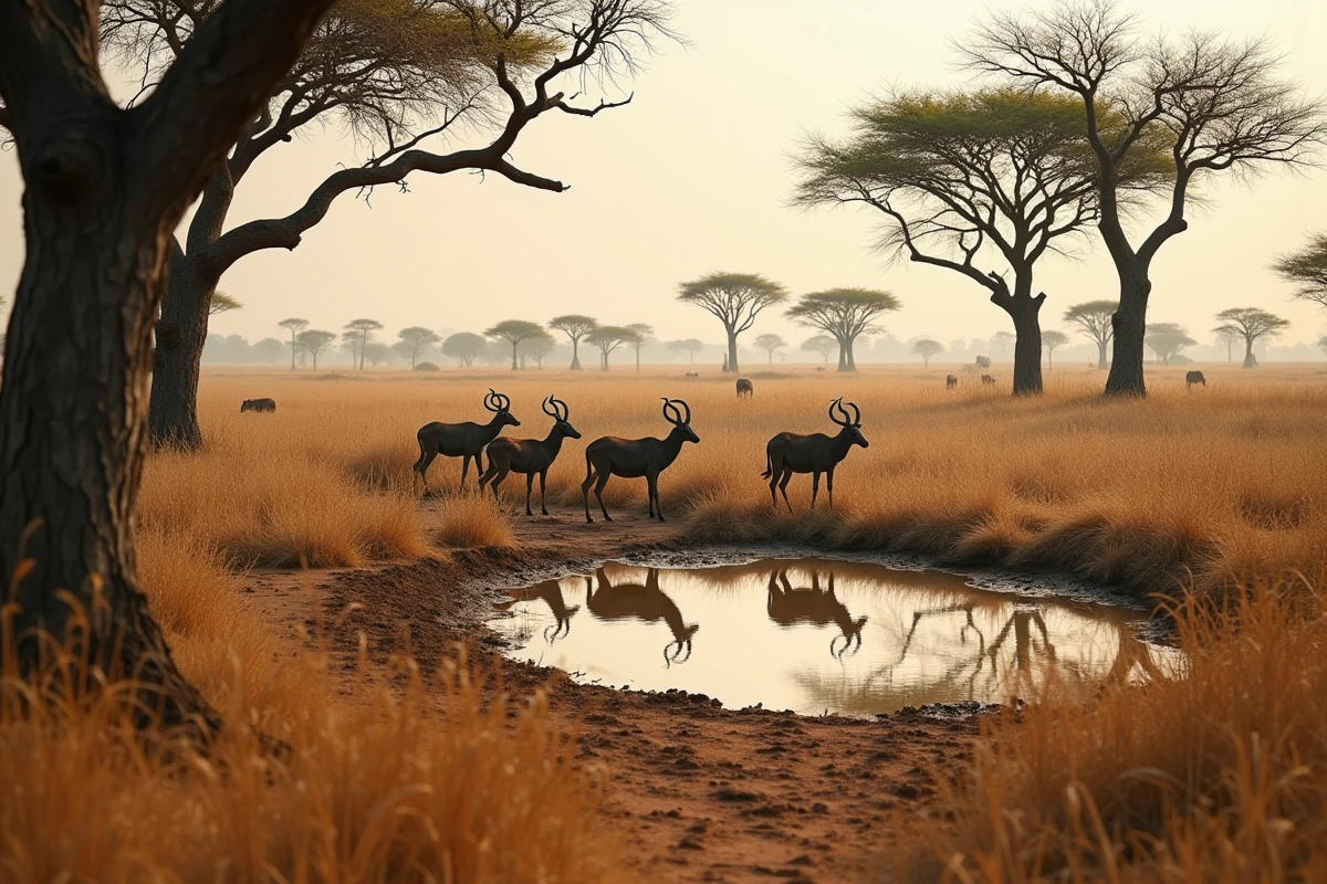 Paysage de savane dans le Parc National du Niokolo-Koba au Sénégal avec antilopes derby près d'un point d'eau