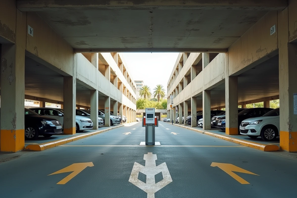 Parking couvert à étages à Hyères avec barrière automatique et distributeur de tickets, proche embarquement Porquerolles