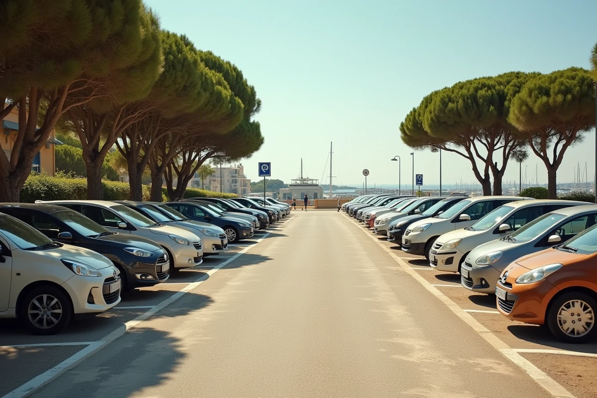 Parking extérieur sécurisé près du port d'Hyères avec rangées de voitures et signalétique bleue, accès à Porquerolles