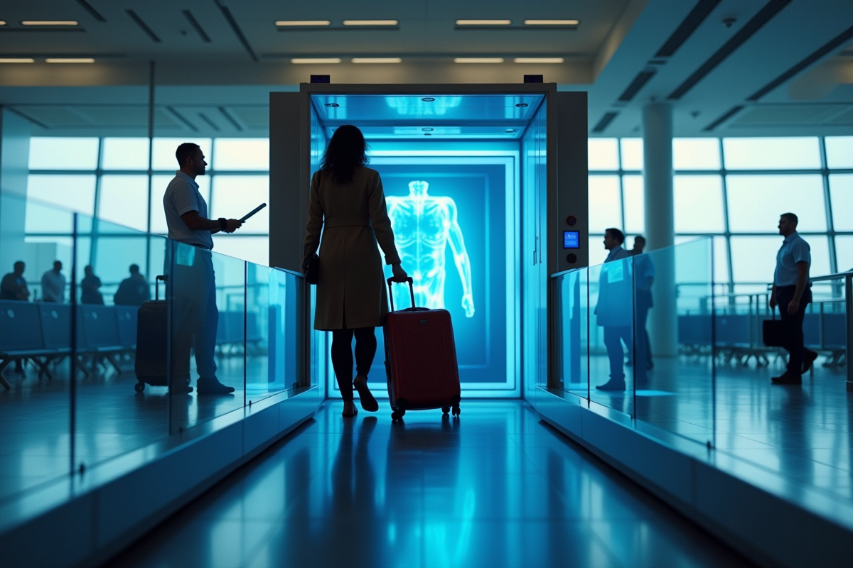 Passager posant sa valise sur le tapis de securite a l aeroport