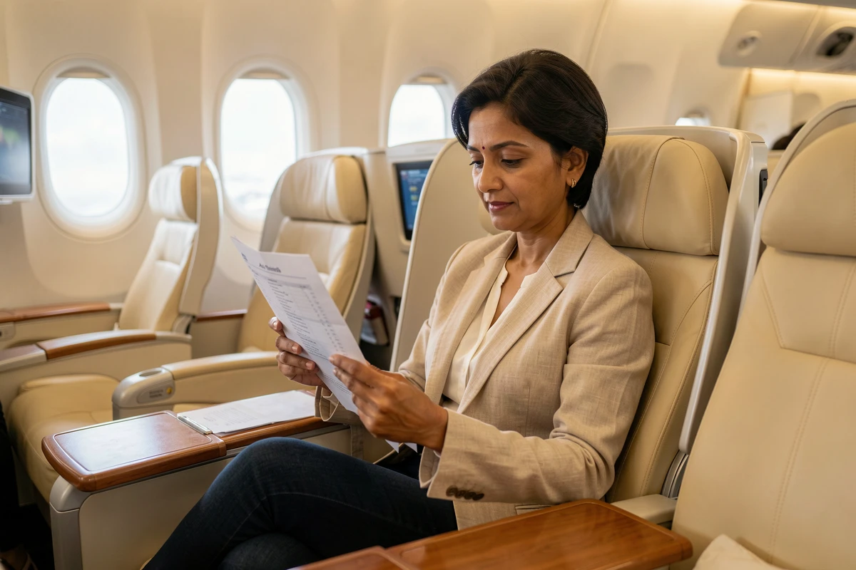 Passagère en classe affaires Air India consultant son itinéraire de vol, idéale pour illustrer une analyse du classement et des services Air India