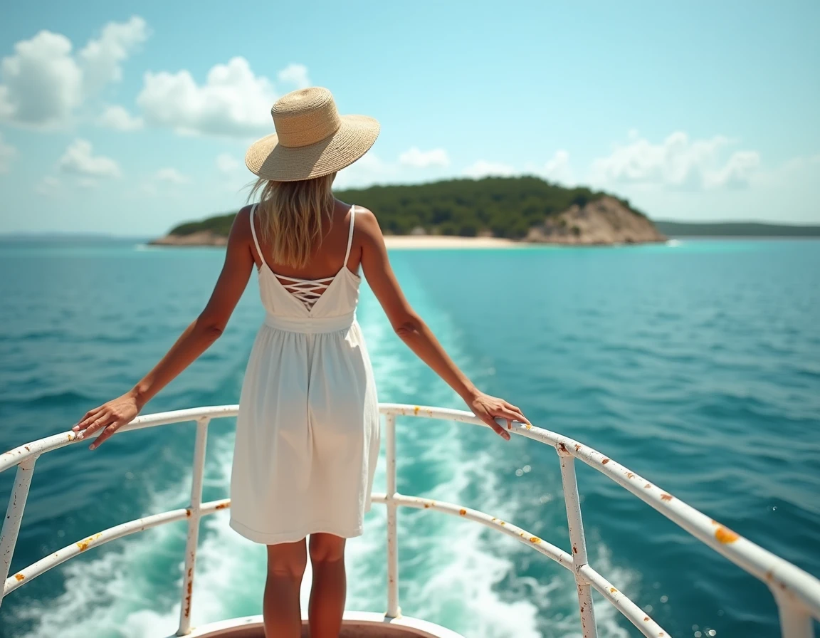 Femme sur le pont d'une navette en approche de l'île de Porquerolles avec vue sur les falaises et la mer Méditerranée