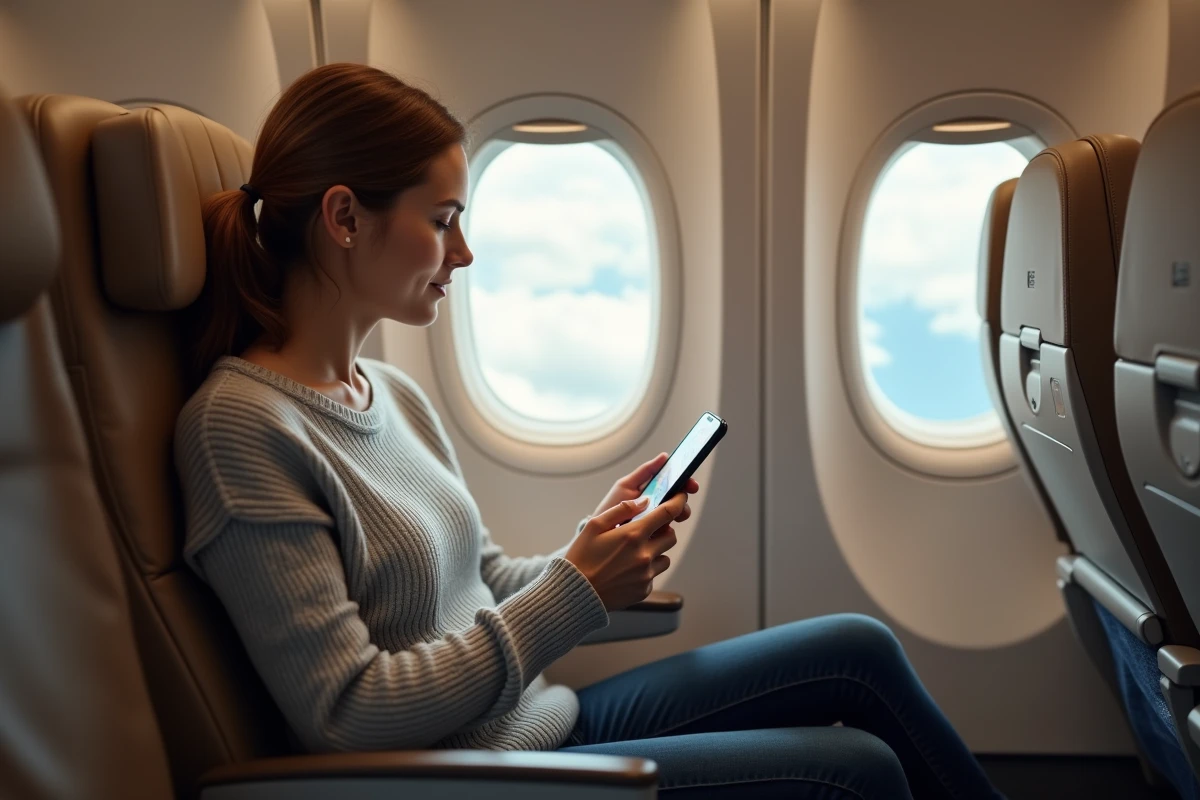 Passagère en avion utilisant une application de suivi de vol en direct sur smartphone pendant le trajet
