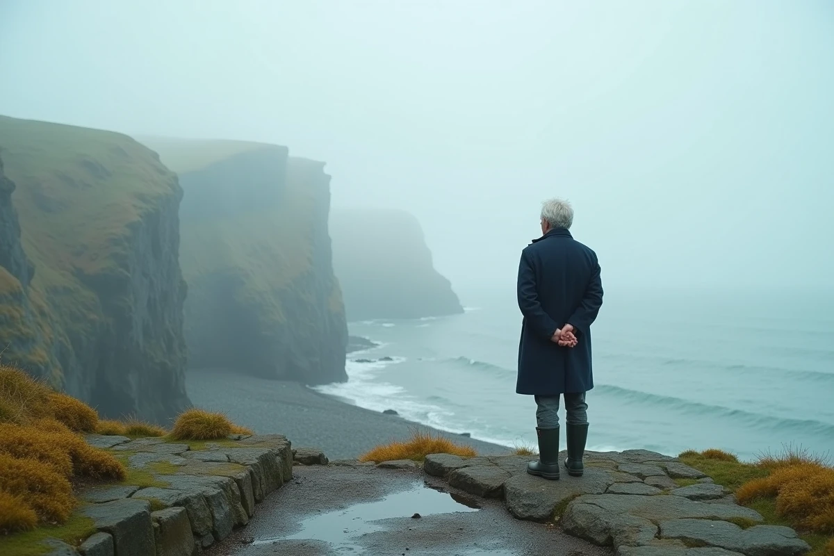 Pêcheur breton face au brouillard sur la pointe de Kadoran, atmosphère mystique en mer d'Iroise