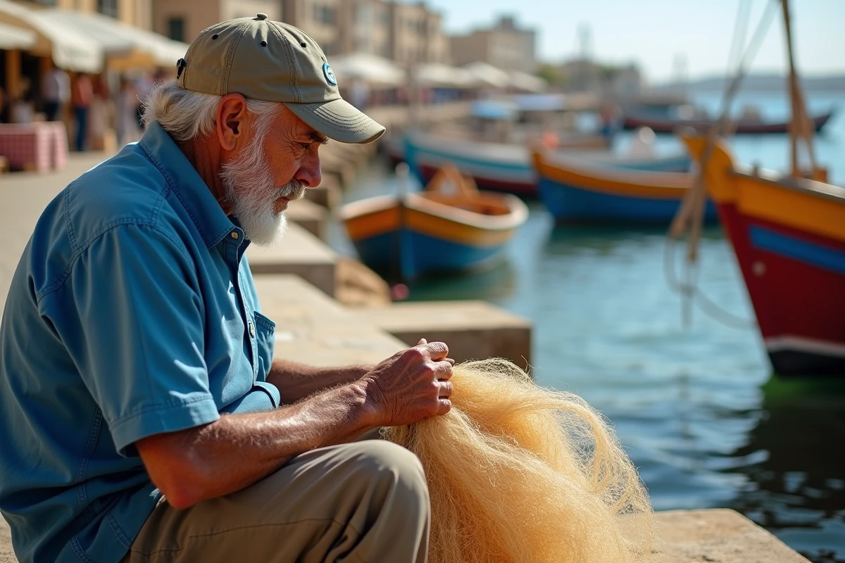 Vieux pêcheur maltais réparant ses filets traditionnels