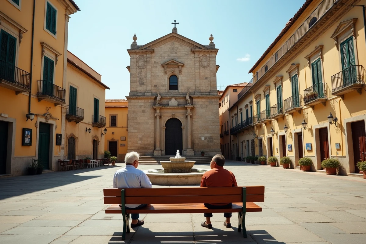 Place centrale animée de Corleone avec église historique, fontaine et habitants en conversation