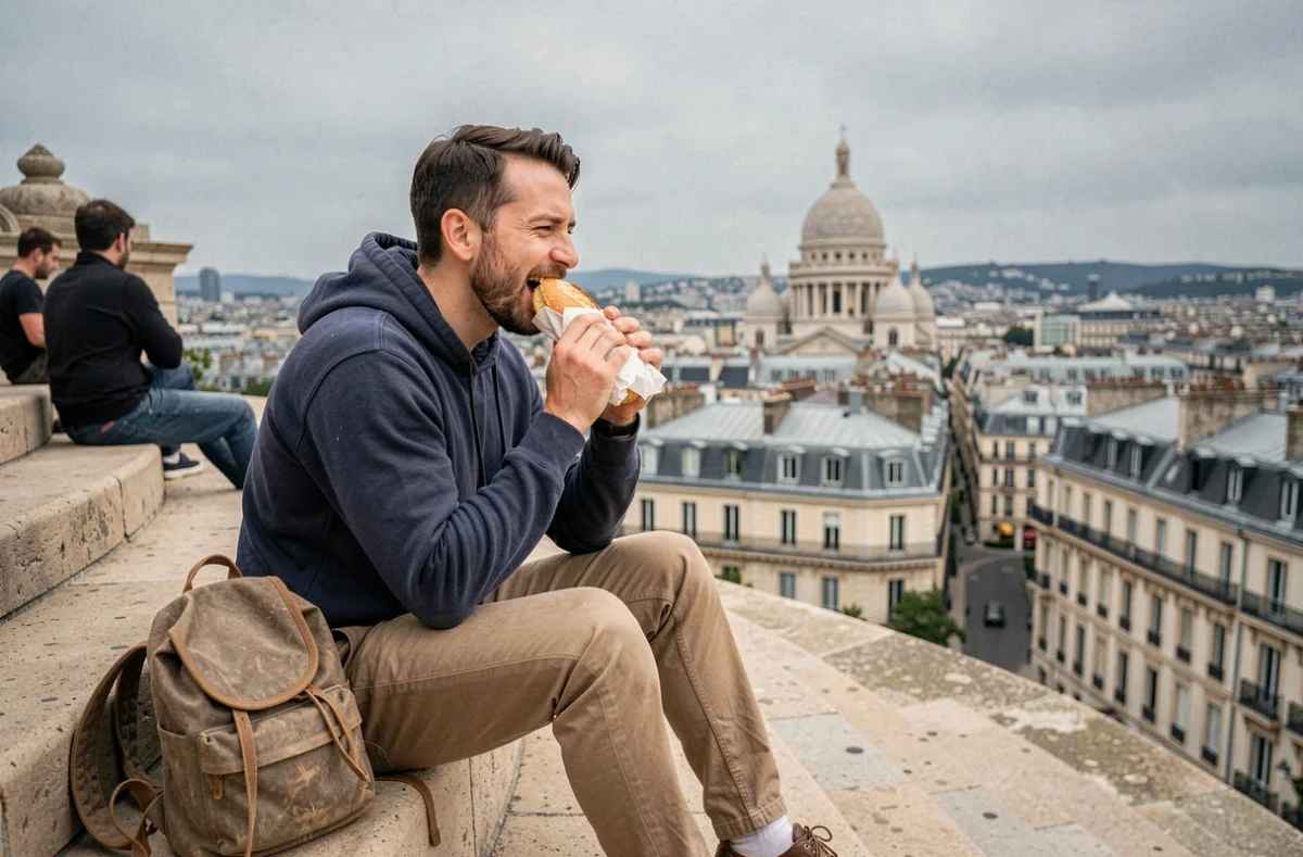 Homme mangeant un sandwich baguette assis sur les marches du Sacré-Cœur avec vue panoramique sur Paris