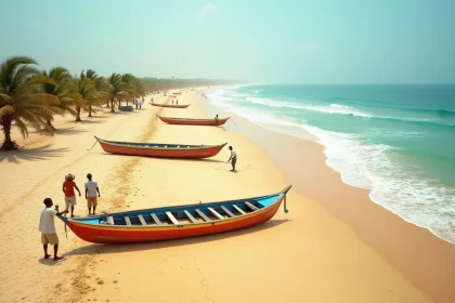 Plage de la Petite Côte au Sénégal avec pirogues colorées et pêcheurs locaux sur le sable doré