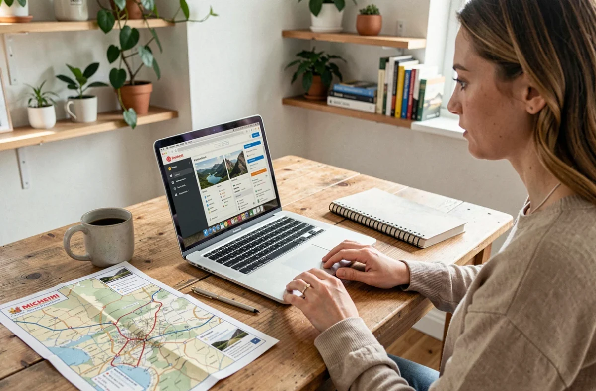 Femme planifiant un road trip 2026 avec ViaMichelin sur laptop entouré d'une carte Michelin papier et d'un carnet de voyage