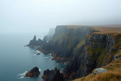 Pointe de Kadoran sous la brume matinale, rochers granitiques bretons et mer d'Iroise dans le Finistère