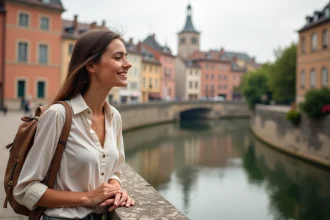 Femme visitant le Pont Vieux de Montauban avec vue sur le Tarn et les façades en briques roses de la vieille ville