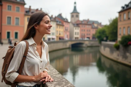 Femme visitant le Pont Vieux de Montauban avec vue sur le Tarn et les façades en briques roses de la vieille ville