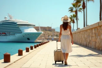 Voyageuse quittant le port de croisière d'Héraklion avec la forteresse vénitienne de Koules en arrière-plan