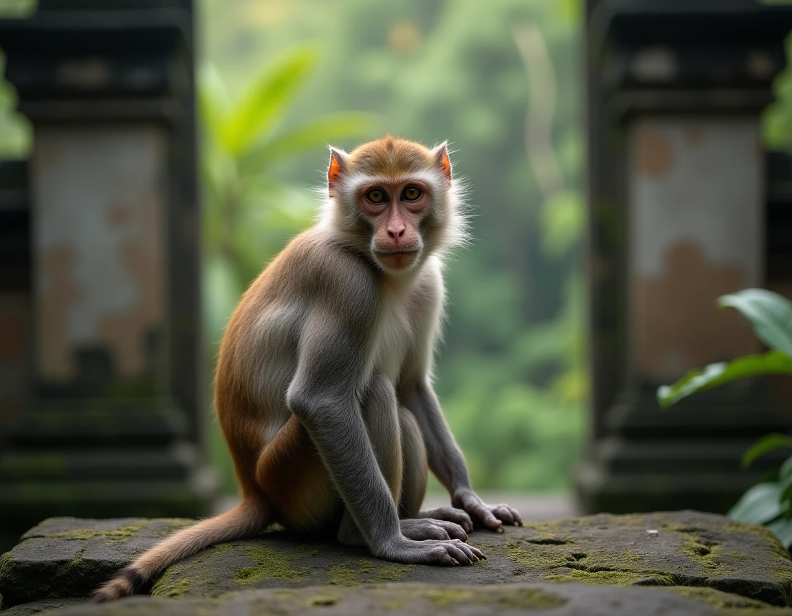 Portrait rapproché d'un macaque à longue queue assis sur une porte en pierre ancienne de la Monkey Forest de Bali
