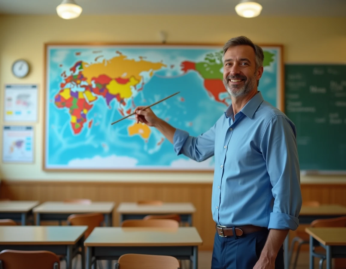 Professeur de géographie désignant les pays asiatiques sur une grande carte murale dans une salle de classe
