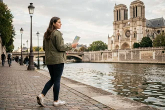 Femme se promenant à pied le long des quais de la Seine à Paris avec une carte papier, Notre-Dame en arrière-plan