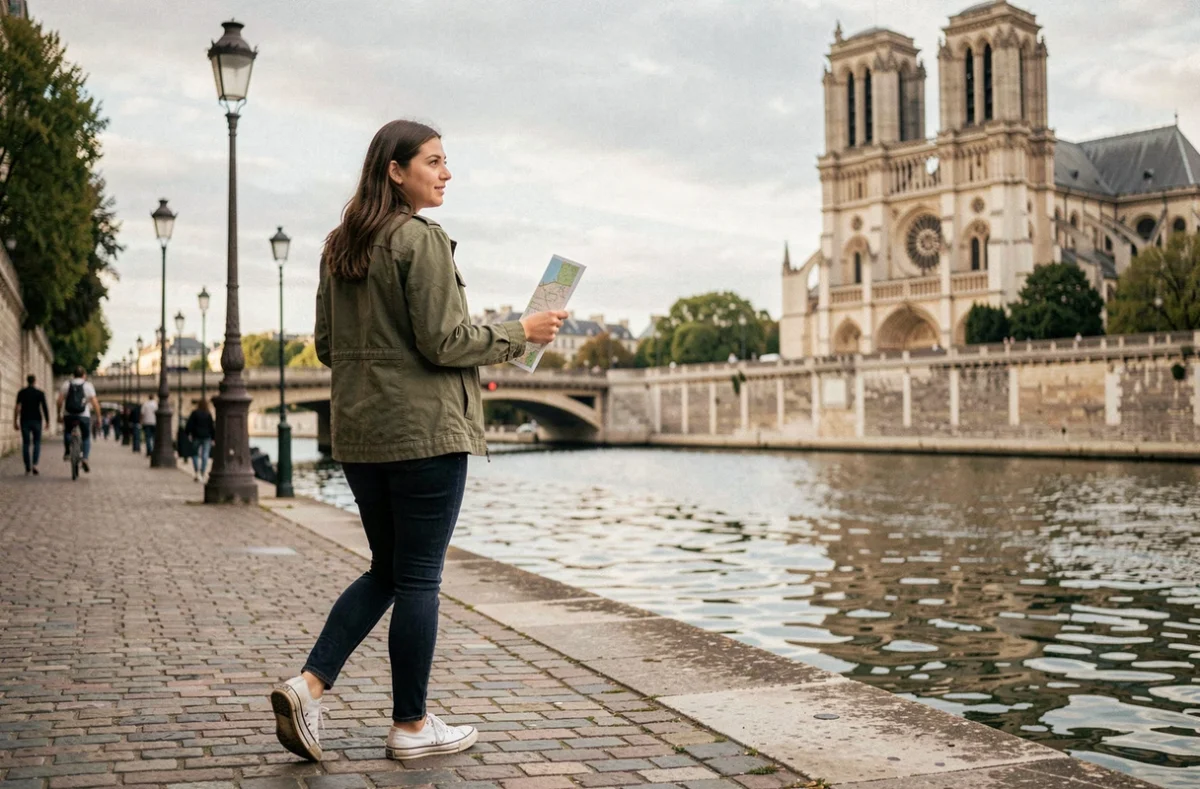 Femme se promenant à pied le long des quais de la Seine à Paris avec une carte papier, Notre-Dame en arrière-plan