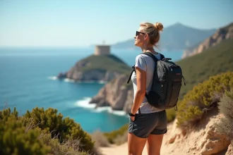 Femme contemplant la mer sur un sentier en Corse