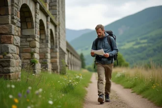 Homme randonneur regardant itinéraire près d une abbaye
