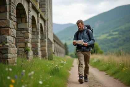 Homme randonneur regardant itinéraire près d une abbaye