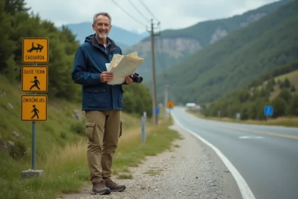 Homme français souriant près du panneau frontière Dancharia