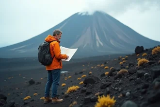 Randonneur consultant une carte géologique au pied de l'Etna en Sicile, avec des coulées de lave solidifiée au premier plan