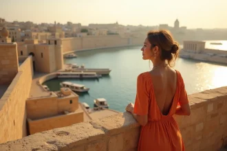 Femme sur les remparts de La Valette surplombant le Grand Port de Malte avec des bateaux Luzzu traditionnels