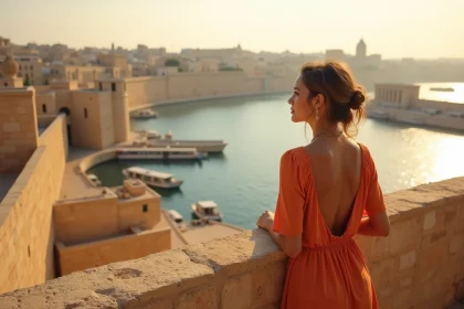 Femme sur les remparts de La Valette surplombant le Grand Port de Malte avec des bateaux Luzzu traditionnels