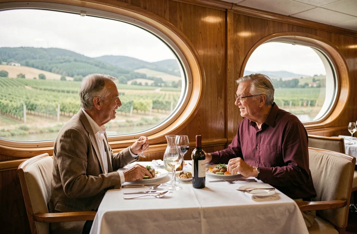 Couple savourant un repas gastronomique dans le salon panoramique d'un bateau de croisière fluviale en France