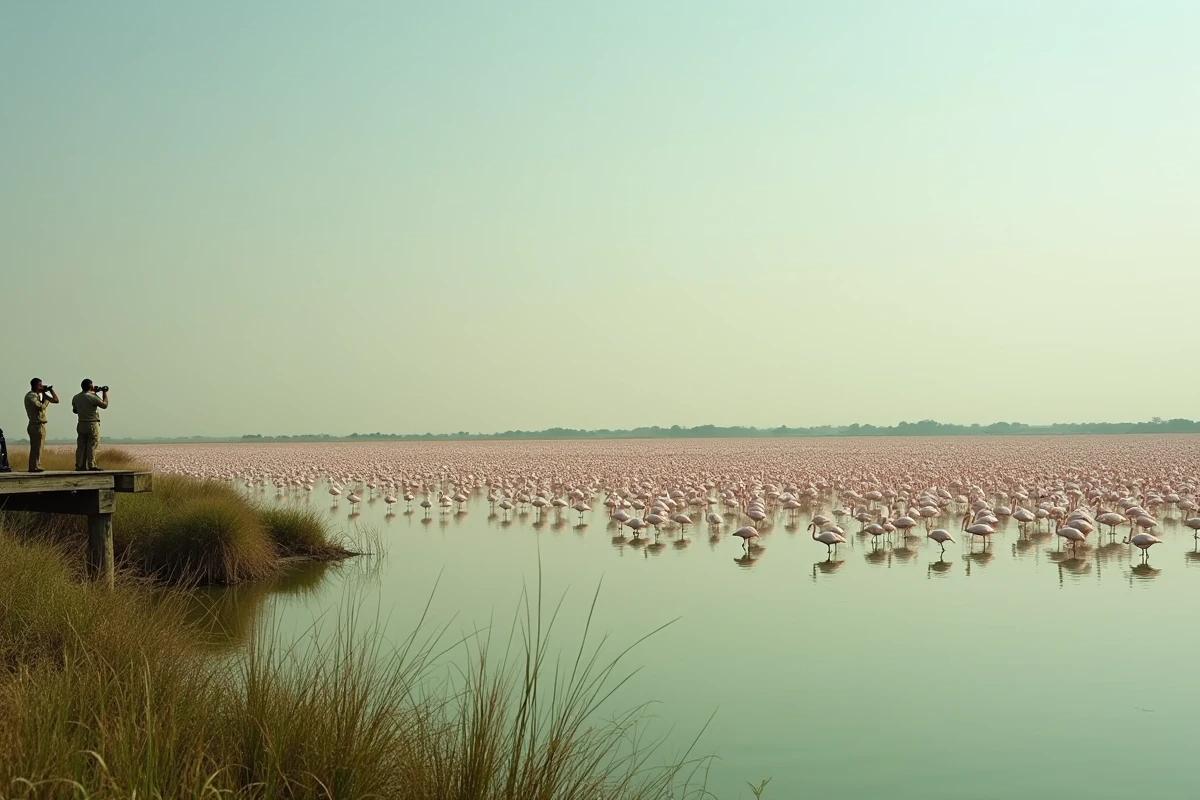 Réserve ornithologique de Djoudj au Sénégal avec pélicans et flamants roses dans les zones humides