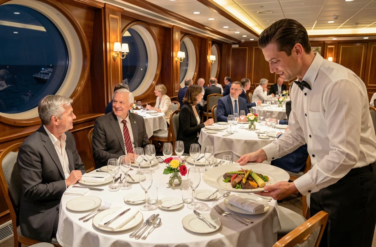 Salle de restaurant gastronomique d'un paquebot de croisière avec tables dressées et passagers