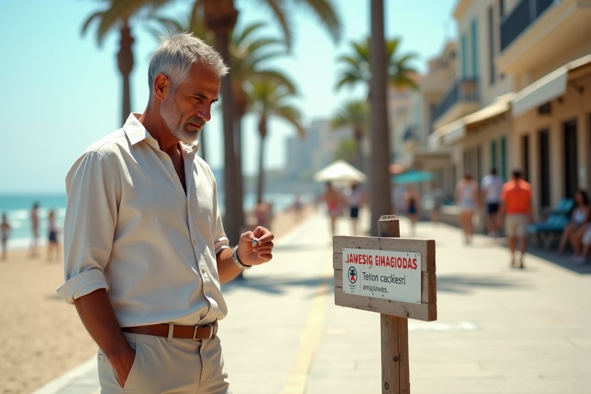 Touriste lisant un panneau de restriction tabac sur la promenade d'une plage espagnole