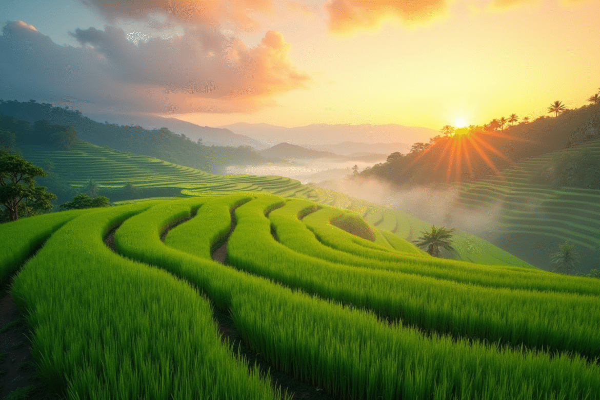 Rizières en terrasses à Bali au lever du soleil