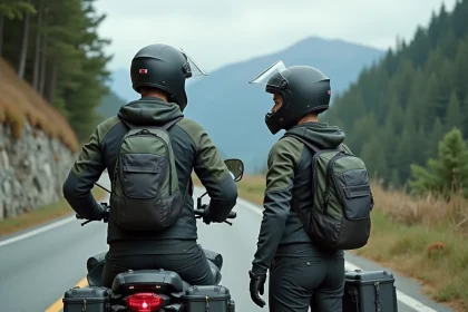 Deux motards en duo équipés de vestes de moto textiles et casques intégraux posant devant une moto adventure chargée de bagages sur une route de montagne sinueuse