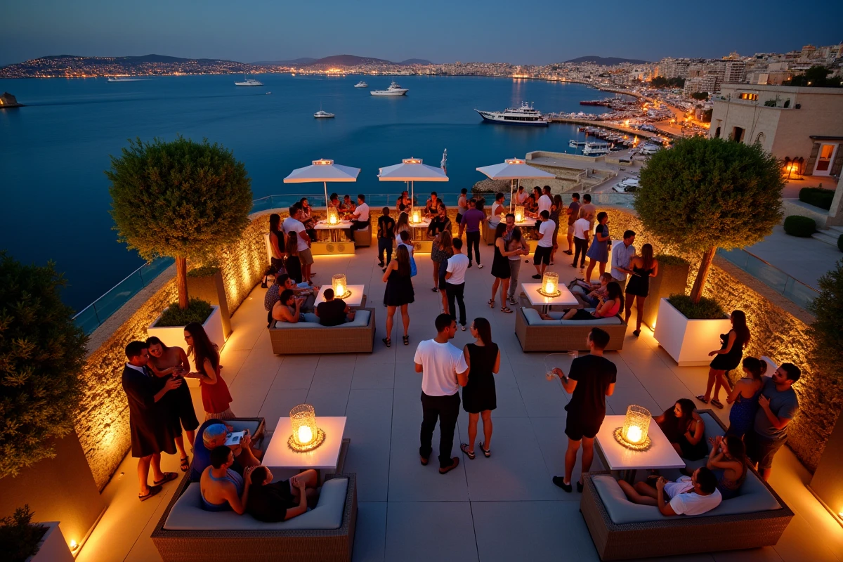 Terrasse de club en rooftop avec vue sur la baie de Spinola à St Julian's Malte