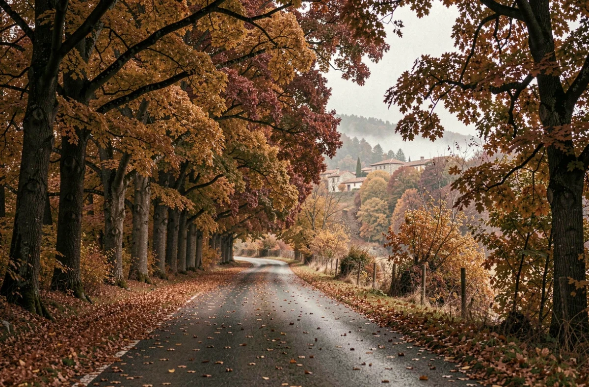 Route sinueuse bordée de feuillages automnaux dorés et rouges en Ardèche