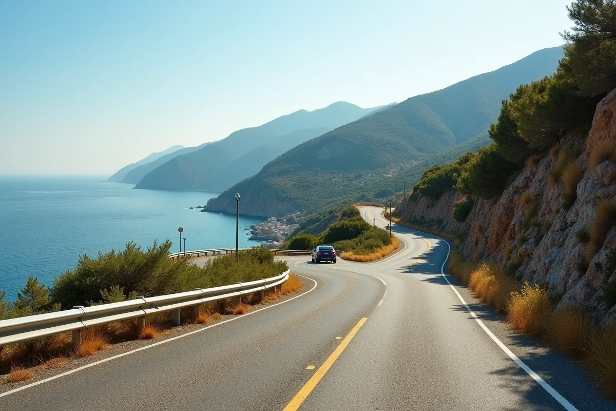 Route côtière sinueuse menant à Cala d'Orzu depuis Ajaccio, entourée de maquis corse et de collines rocheuses