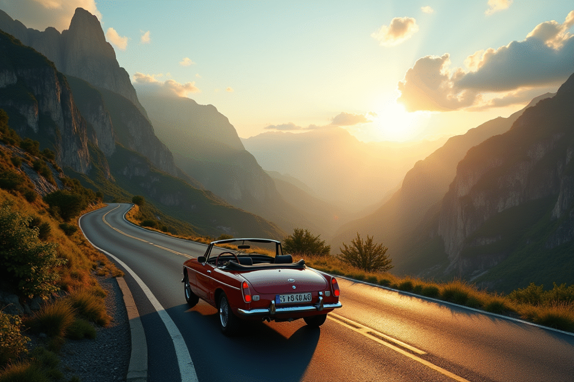 Route de montagne au lever du soleil avec voiture vintage
