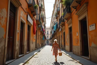 Ruelle étroite du centre historique de Naples avec façades ocre et linge suspendu aux balcons