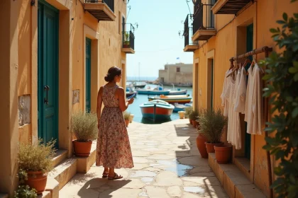 Ruelle pittoresque de Marsaxlokk à Malte avec une femme en robe fleurie regardant de la dentelle artisanale, bateaux colorés visibles au fond