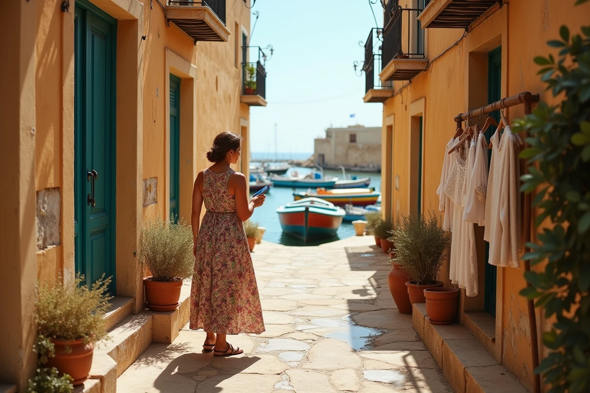 Ruelle pittoresque de Marsaxlokk à Malte avec une femme en robe fleurie regardant de la dentelle artisanale, bateaux colorés visibles au fond