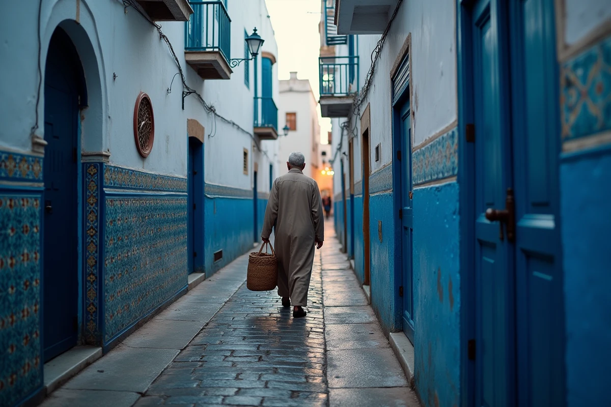 Ruelle pavée de la médina de Tanger au crépuscule avec un homme en djellaba portant un panier