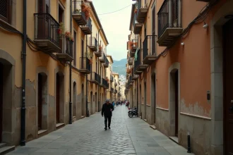 Ruelle pavée typique de Corleone en Sicile avec bâtiments en calcaire et un habitant local marchant au loin