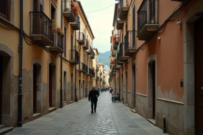 Ruelle pavée typique de Corleone en Sicile avec bâtiments en calcaire et un habitant local marchant au loin