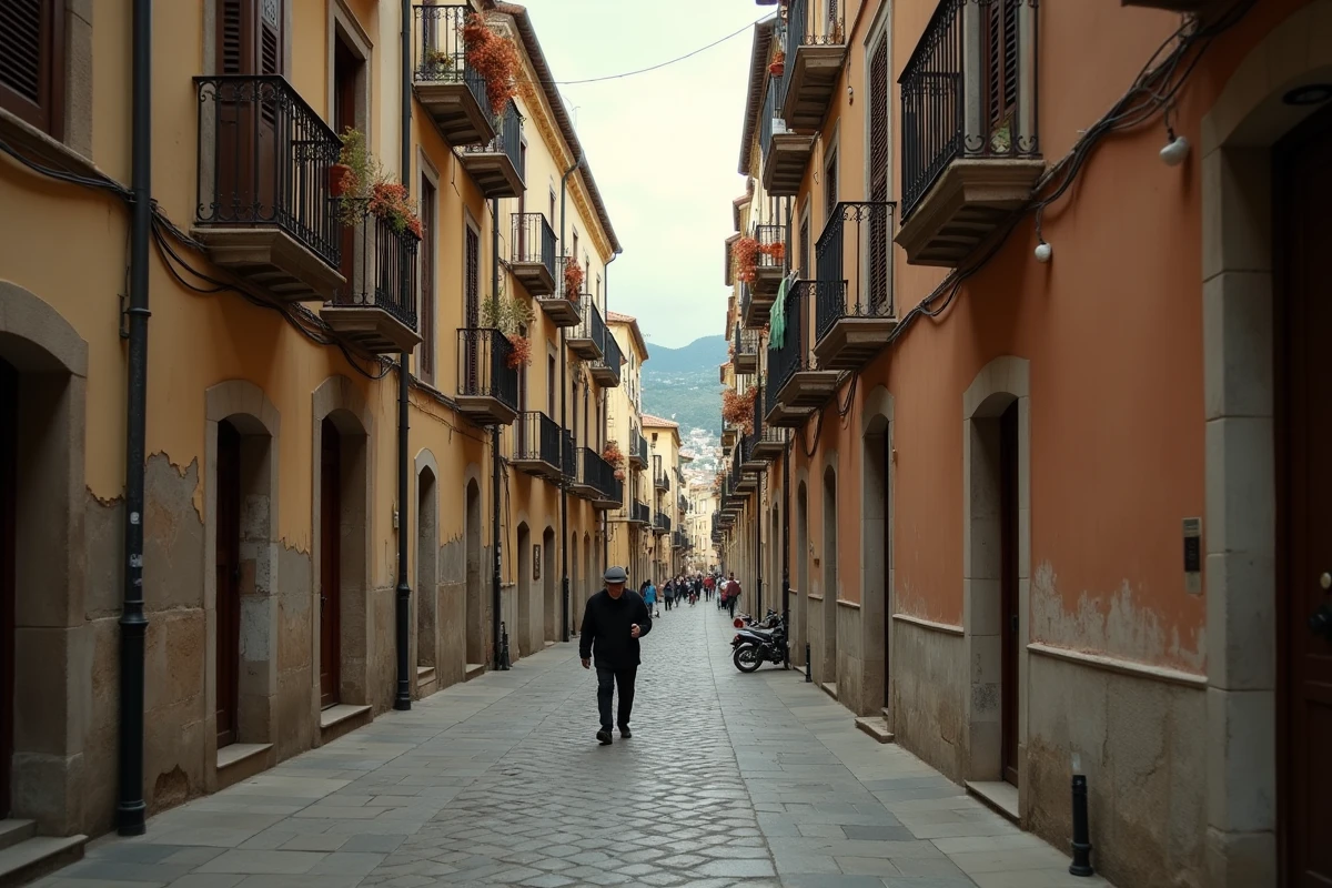 Ruelle pavée typique de Corleone en Sicile avec bâtiments en calcaire et un habitant local marchant au loin