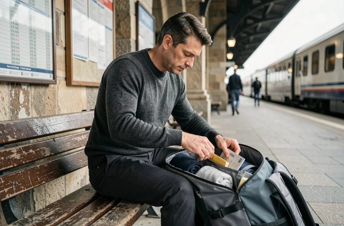 Voyageur organisant son sac à dos cabine sur un quai de gare européen avant le départ